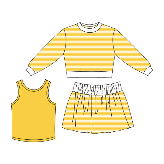 Yellow long sleeve yoga top matching skirt tank top 3pcs wholesale girls clothing set preorder