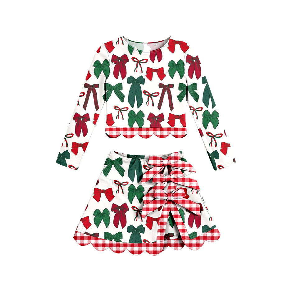 Christmas red green bow long sleeve yoga top matching skorts girls outfit preorder