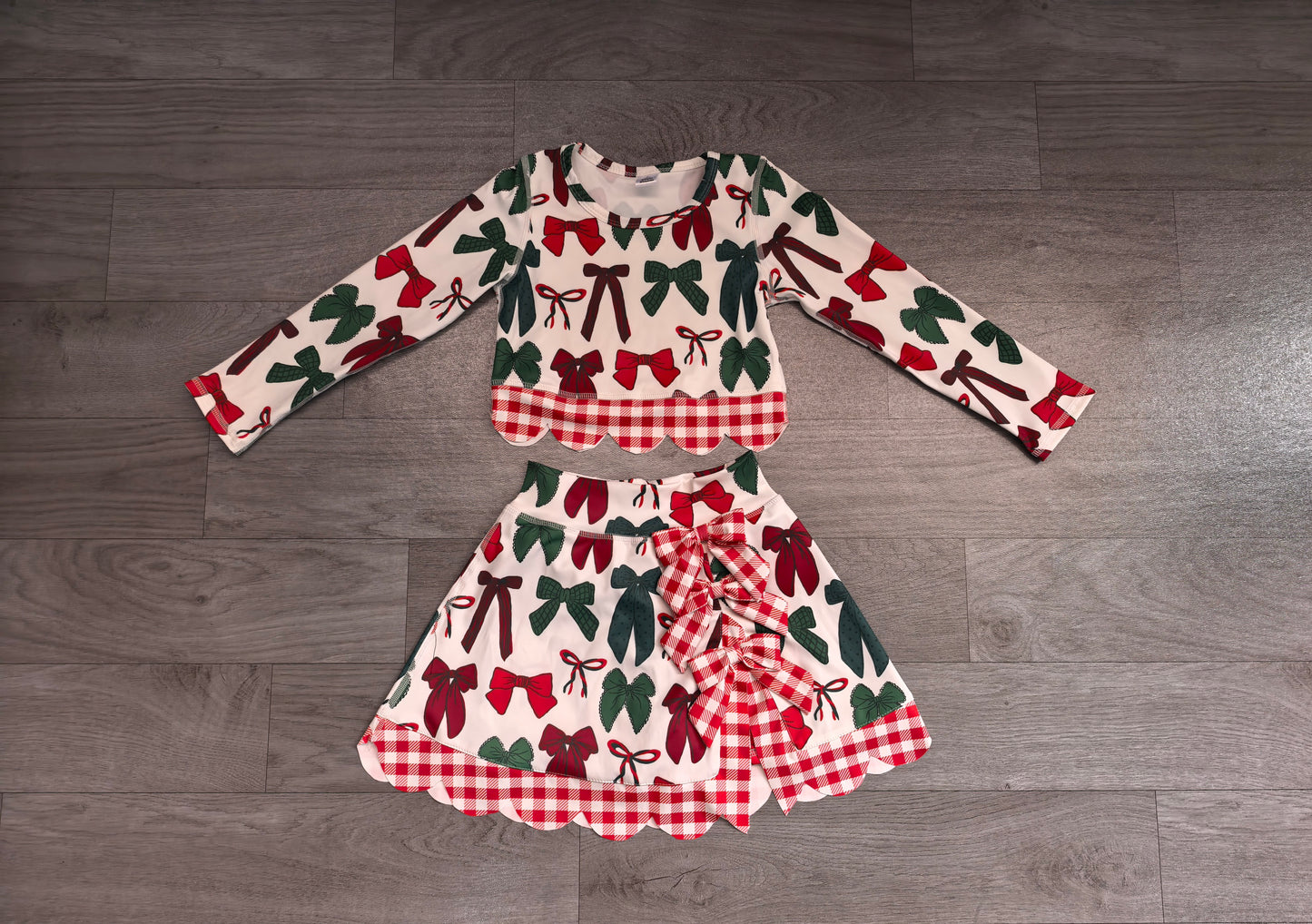 Christmas red green bow long sleeve yoga top matching skorts girls outfit preorder