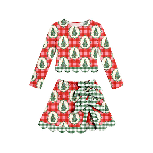 Christmas tree print long sleeve yoga top matching skorts girls outfit preorder