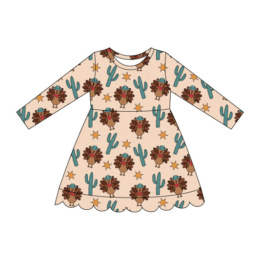Thanksgiving turkey cactus print girls long sleeve fall winter dress preorder