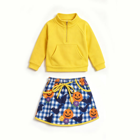 Yellow yoga pullover top matching Halloween pumpkins skorts girls outfit preorder