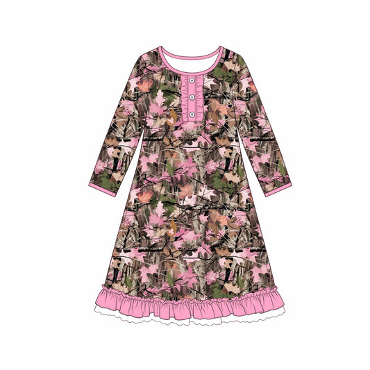 Pink leaves print girls long sleeve fall winter dress preorder