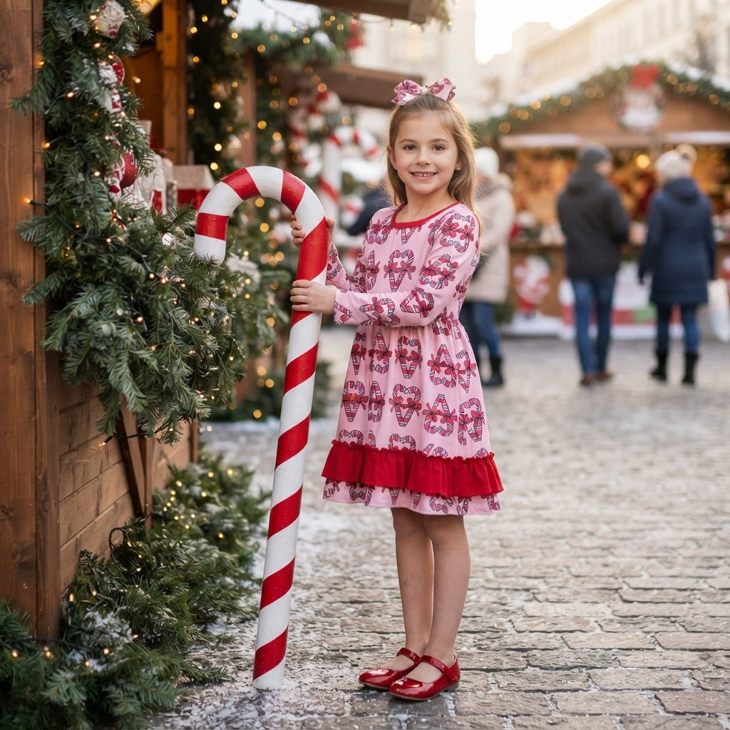 Christmas candy cane girls long sleeve fall winter dress
