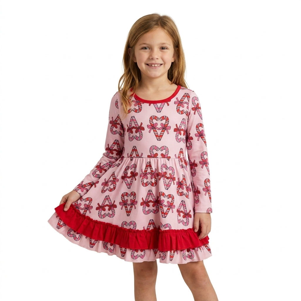 Christmas candy cane girls long sleeve fall winter dress