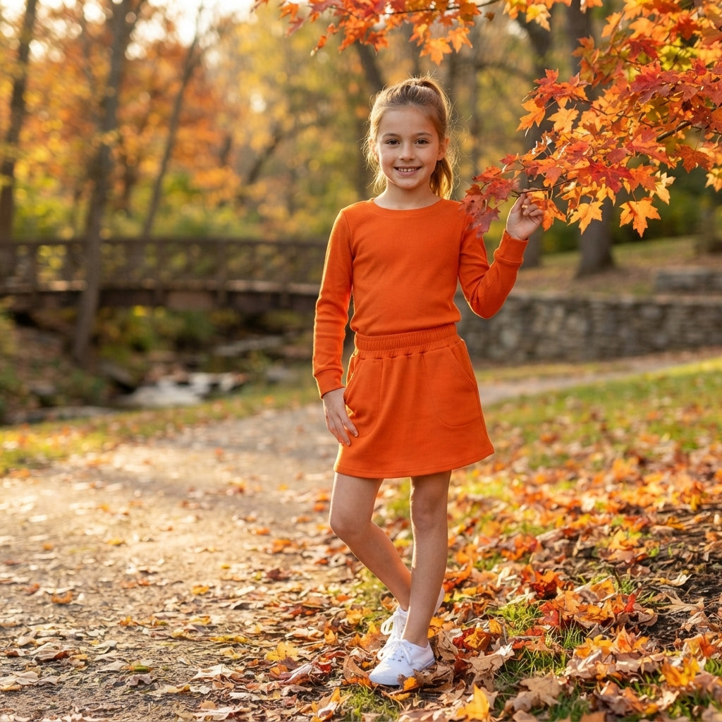 Dusty orange long sleeve top matching shorts girls set outfit