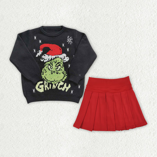 Green face sweater matching red skirt fall winter Christmas clothes outfit