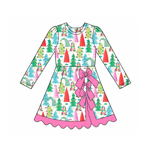 Christmas tree bow print girls long sleeve yoga dress preorder