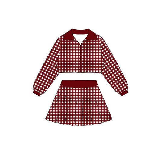 Dark red plaid long sleeve yoga pullover top matching skorts girls outfit preorder