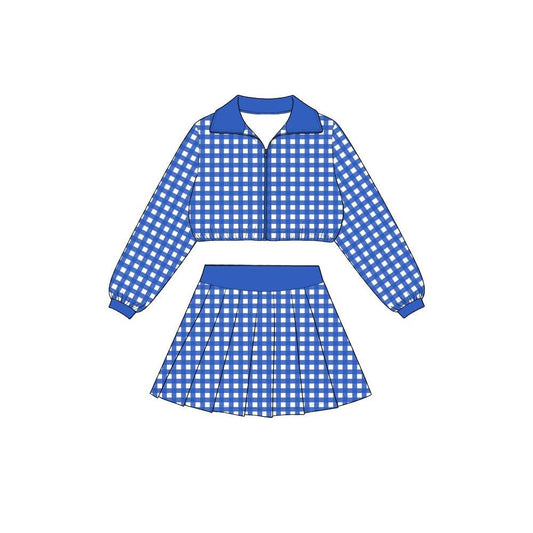 Blue plaid long sleeve yoga pullover top matching skorts girls outfit preorder