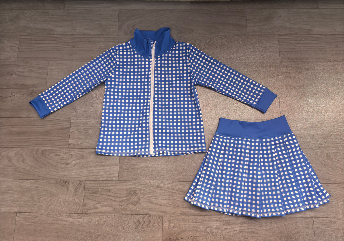 Blue plaid long sleeve yoga pullover top matching skorts girls outfit preorder