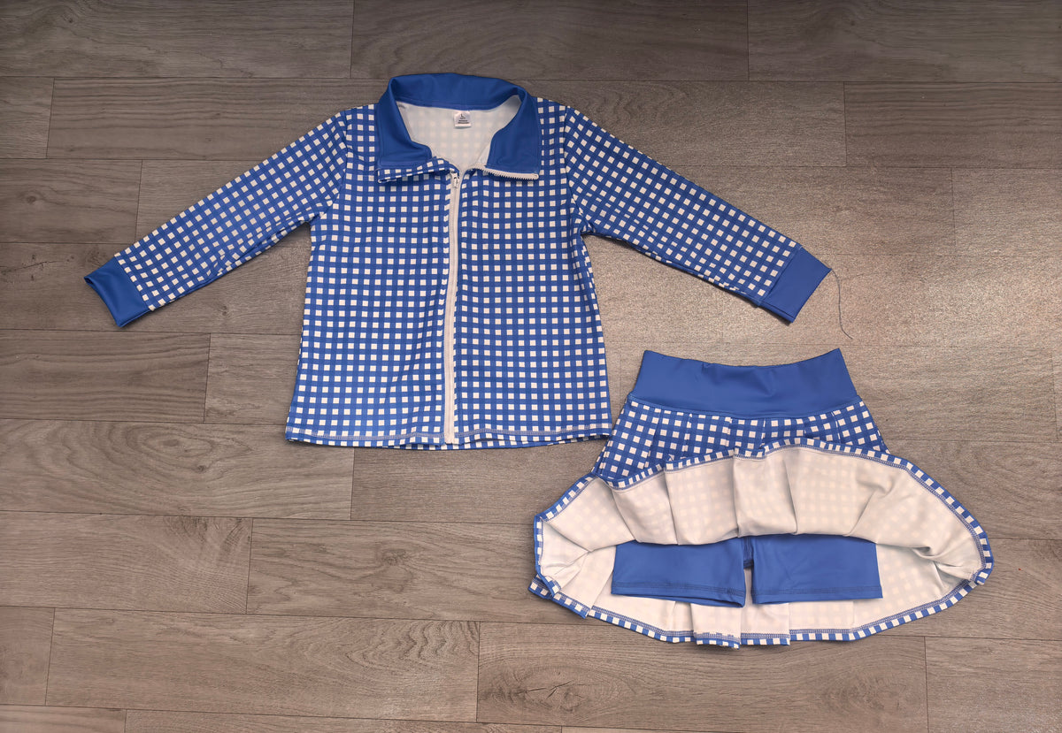 Blue plaid long sleeve yoga pullover top matching skorts girls outfit preorder