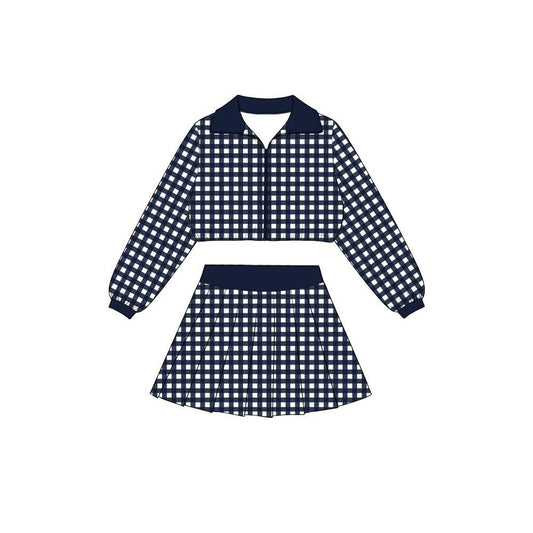Navy plaid long sleeve yoga pullover top matching skorts girls outfit preorder