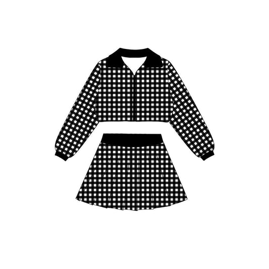 Black plaid long sleeve yoga pullover top matching skorts girls outfit preorder