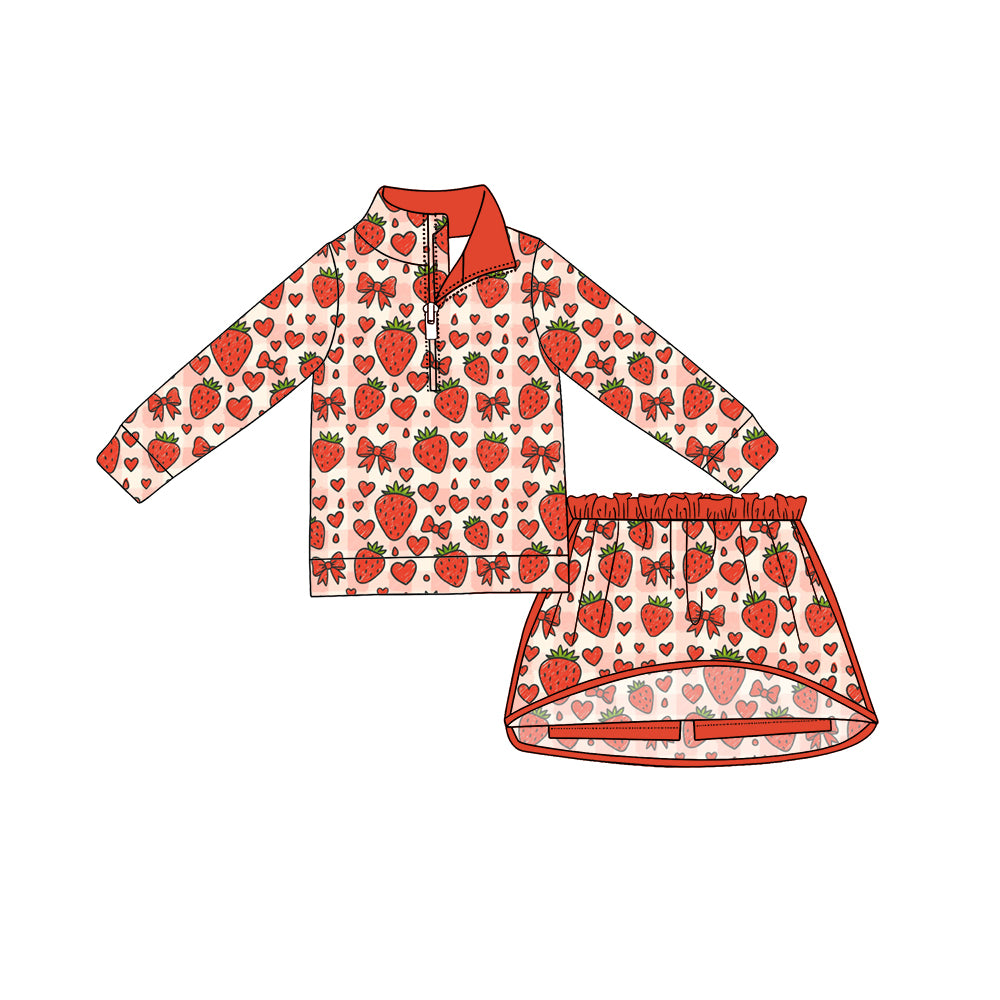 Strawberry heart top matching skirts girls long sleeve Valentines day outfit preorder