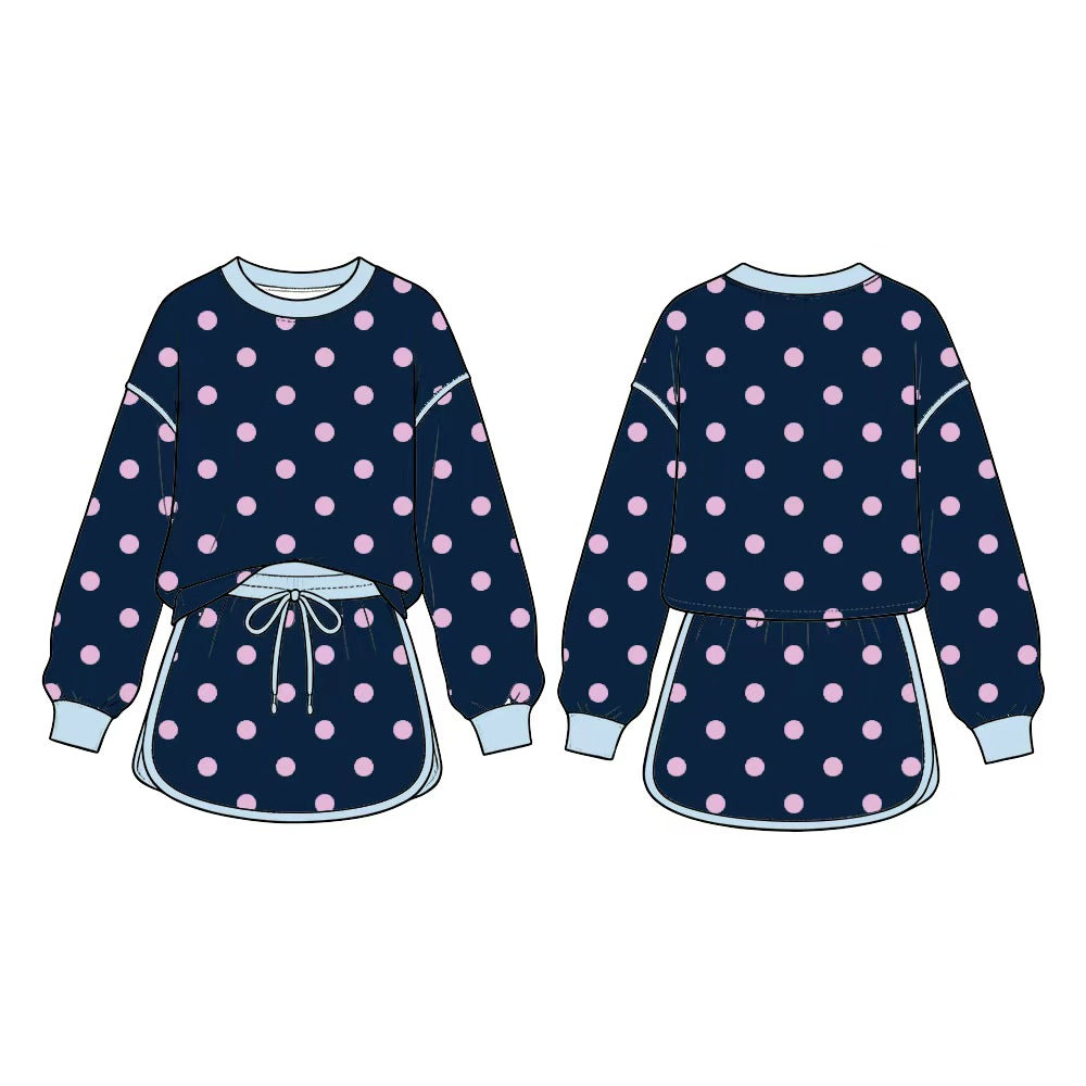 Navy color polka dots long sleeve top matching shorts girls outfit preorder