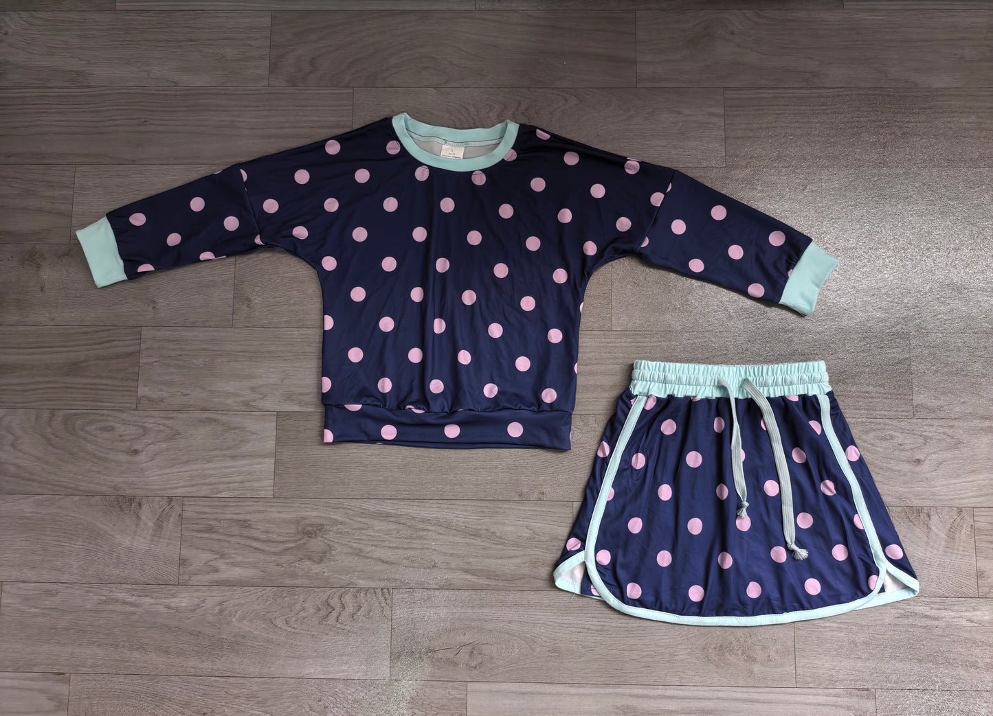 Navy color polka dots long sleeve top matching shorts girls outfit preorder