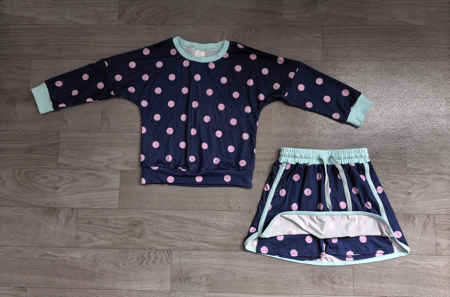 Navy color polka dots long sleeve top matching shorts girls outfit preorder