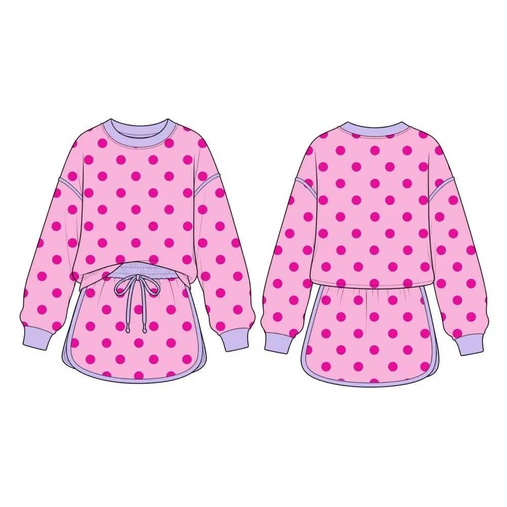 Pink color polka dots long sleeve top matching shorts girls outfit preorder