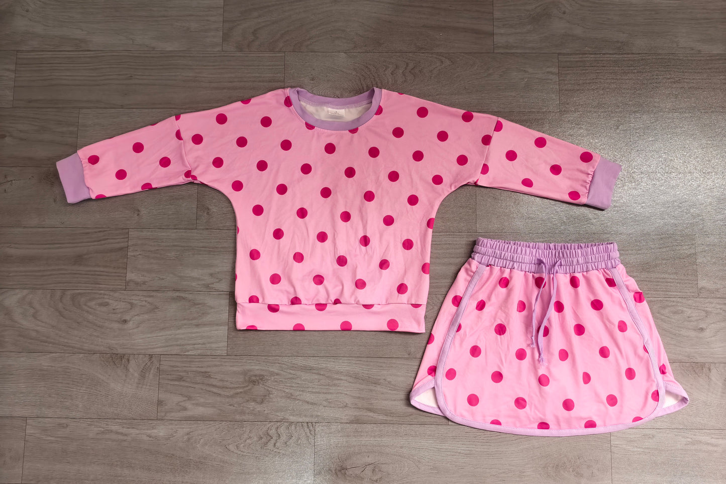 Pink color polka dots long sleeve top matching shorts girls outfit preorder