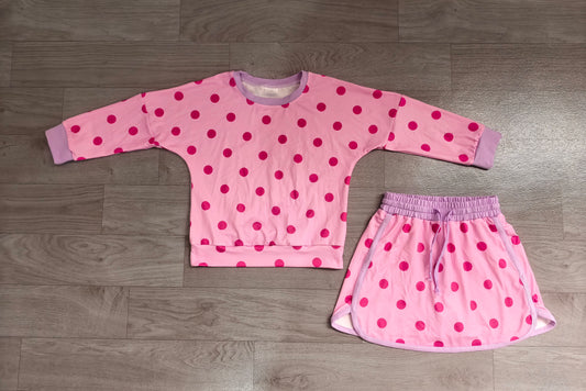 Pink color polka dots long sleeve top matching shorts girls outfit preorder