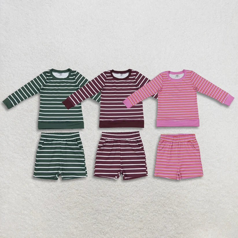Pink stripes long sleeve yoga pullover top matching shorts girls outfit