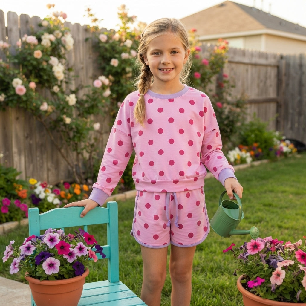 Pink color polka dots long sleeve top matching shorts girls outfit
