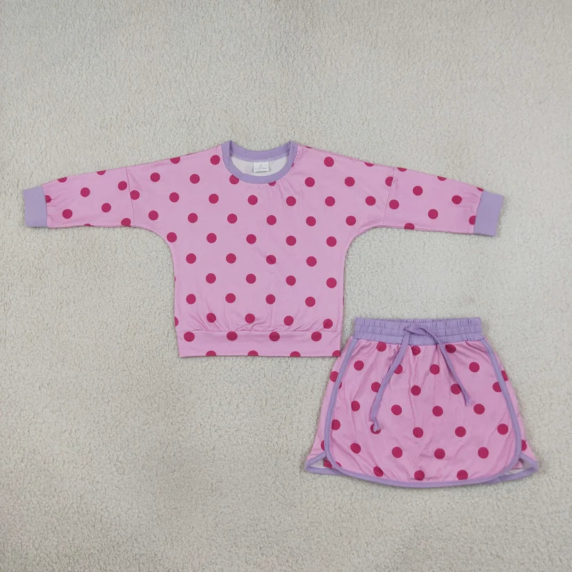 Navy color polka dots long sleeve top matching shorts girls outfit