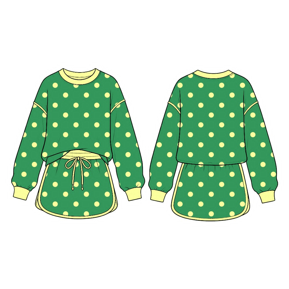 Green color polka dots long sleeve top matching shorts girls outfit preorder