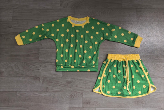 Green color polka dots long sleeve top matching shorts girls outfit preorder