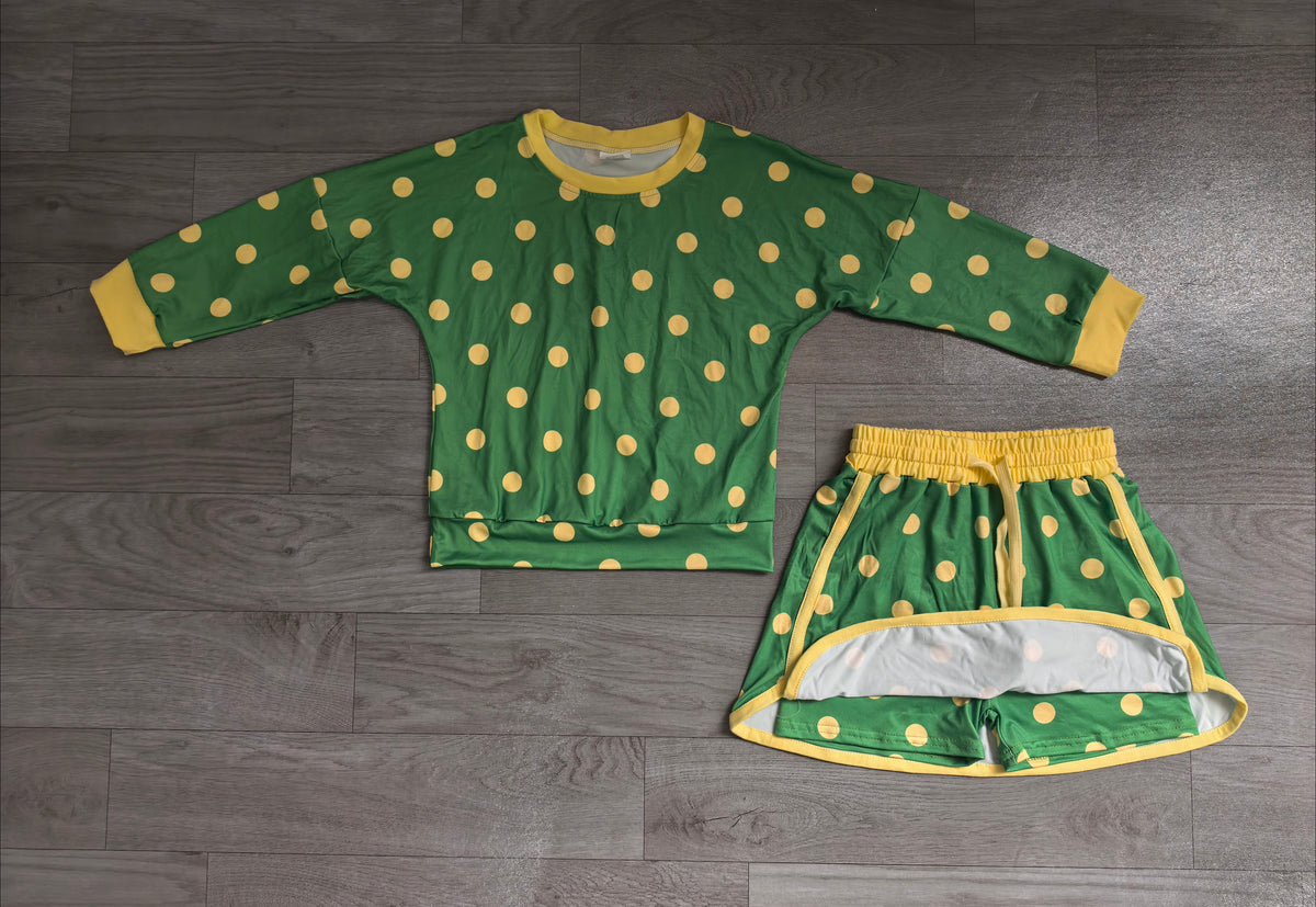 Green color polka dots long sleeve top matching shorts girls outfit preorder