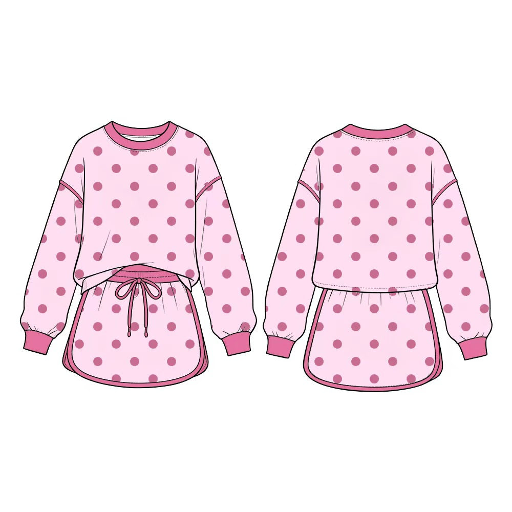 Lt pink color polka dots long sleeve top matching shorts girls outfit preorder