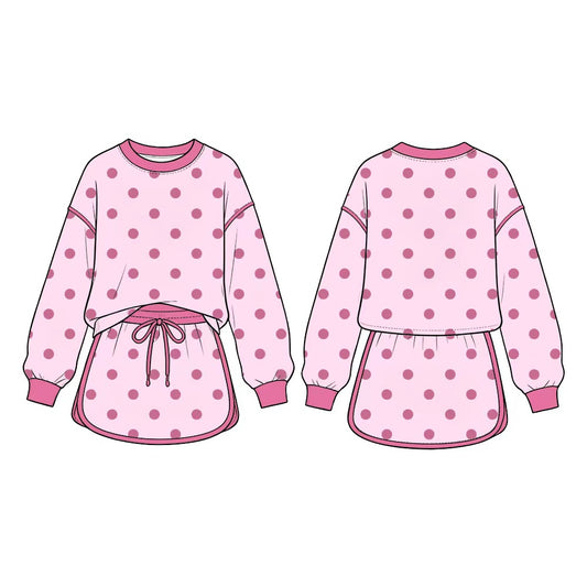 Lt pink color polka dots long sleeve top matching shorts girls outfit preorder
