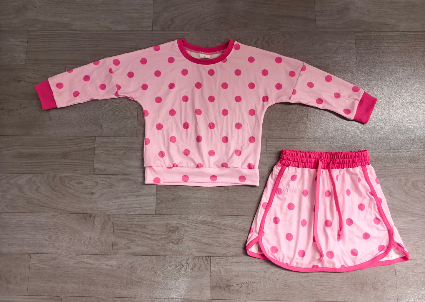 Lt pink color polka dots long sleeve top matching shorts girls outfit preorder