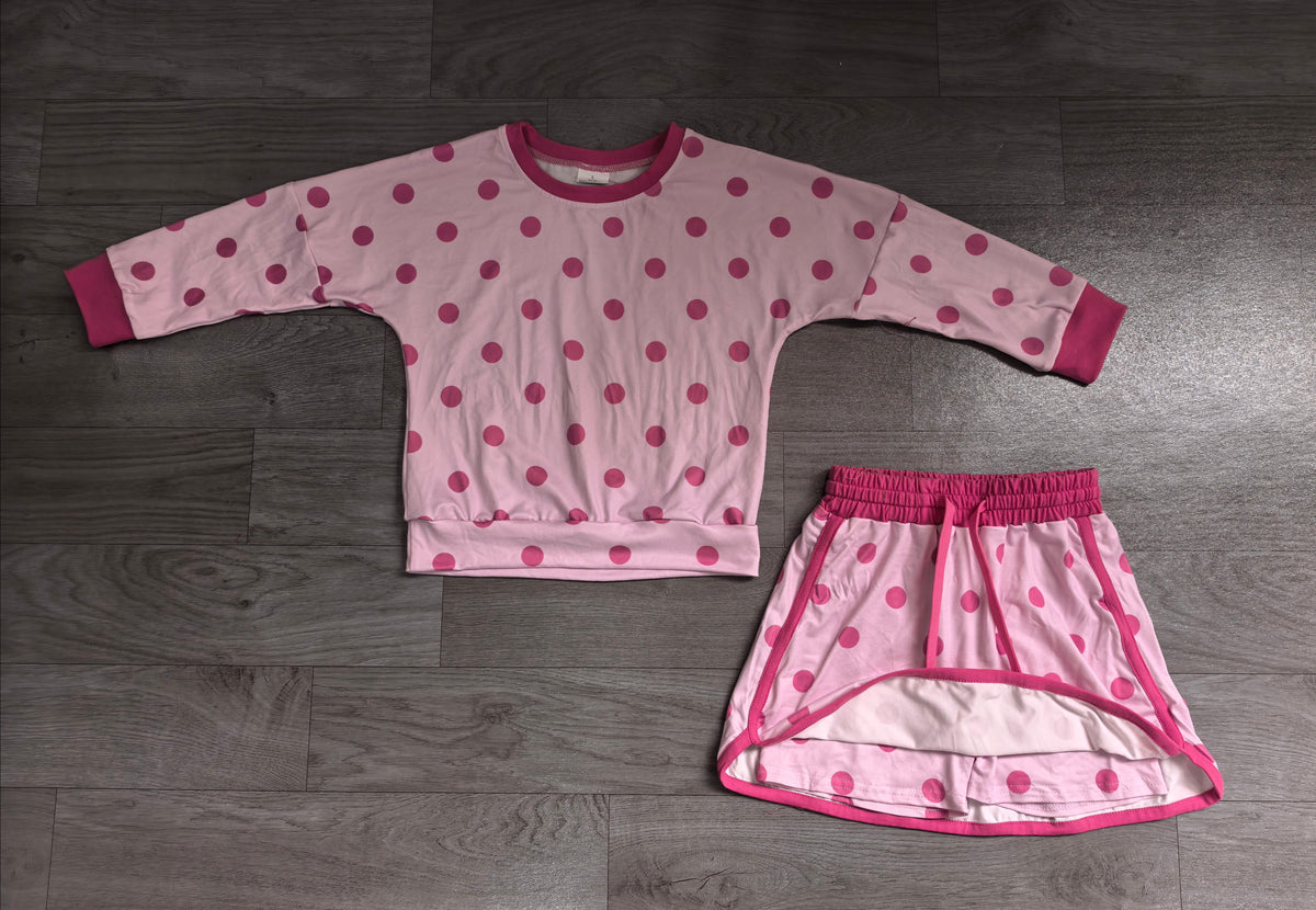 Lt pink color polka dots long sleeve top matching shorts girls outfit preorder