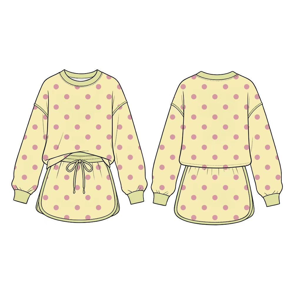Yellow color polka dots long sleeve top matching shorts girls outfit preorder