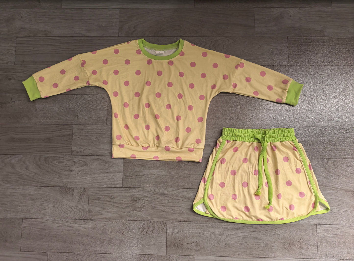 Yellow color polka dots long sleeve top matching shorts girls outfit preorder