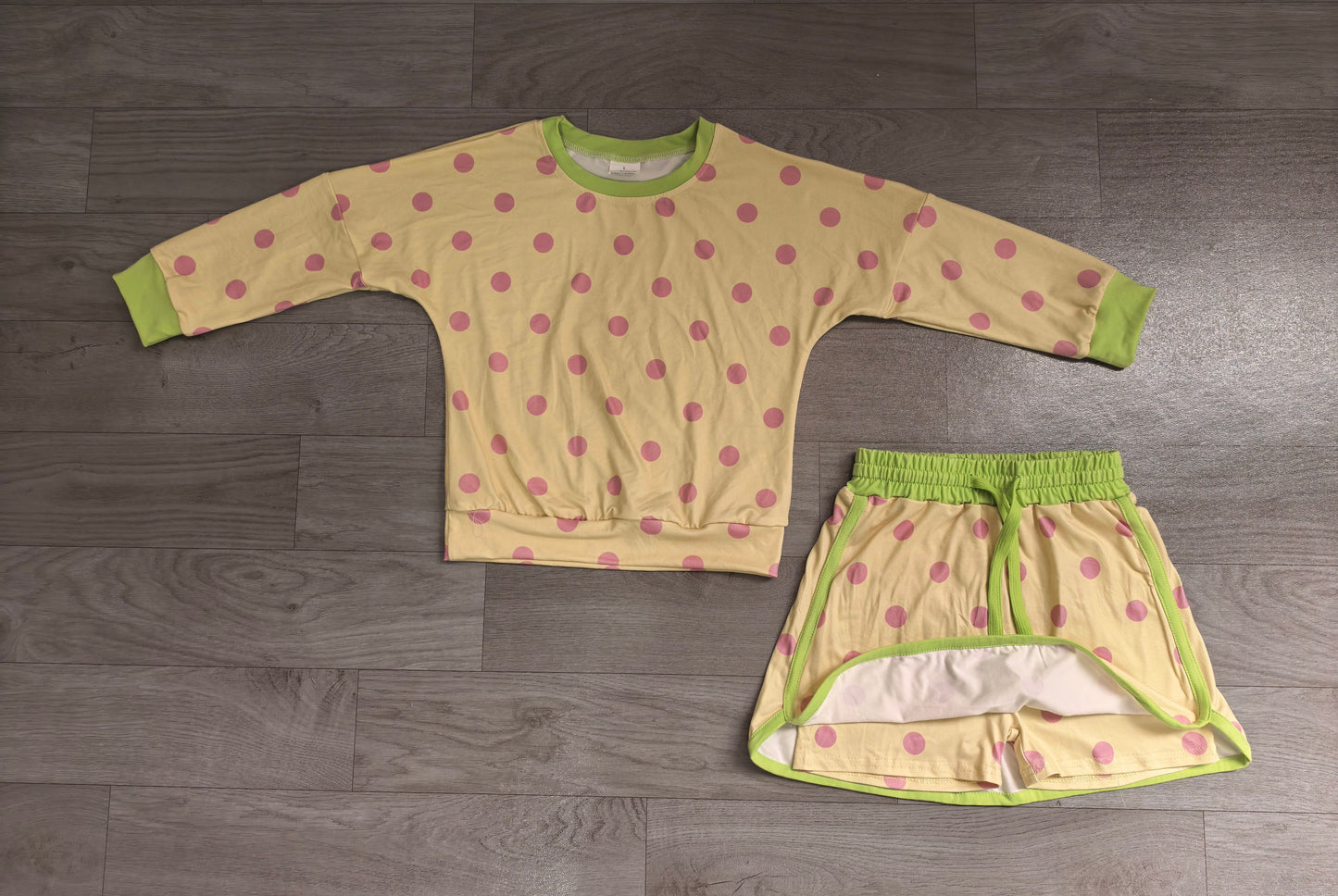 Yellow color polka dots long sleeve top matching shorts girls outfit preorder