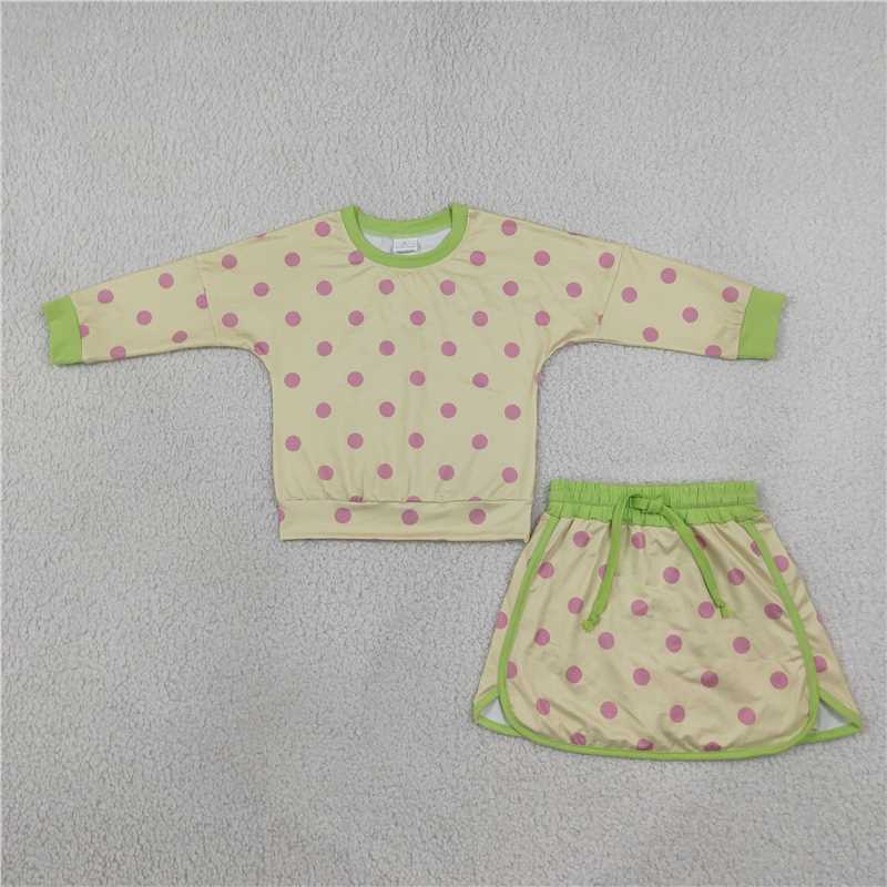 Navy color polka dots long sleeve top matching shorts girls outfit