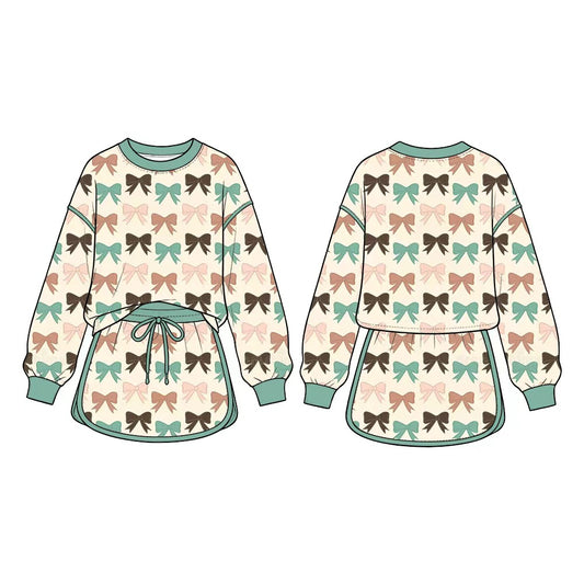Colorful bow print long sleeve pullover top matching shorts girls fall winter outfit preorder