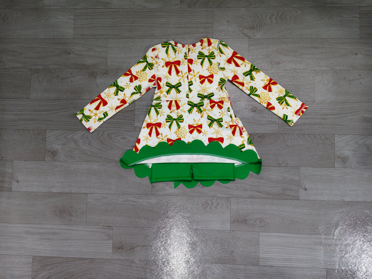 Christmas red green bow print girls long sleeve yoga dress preorder