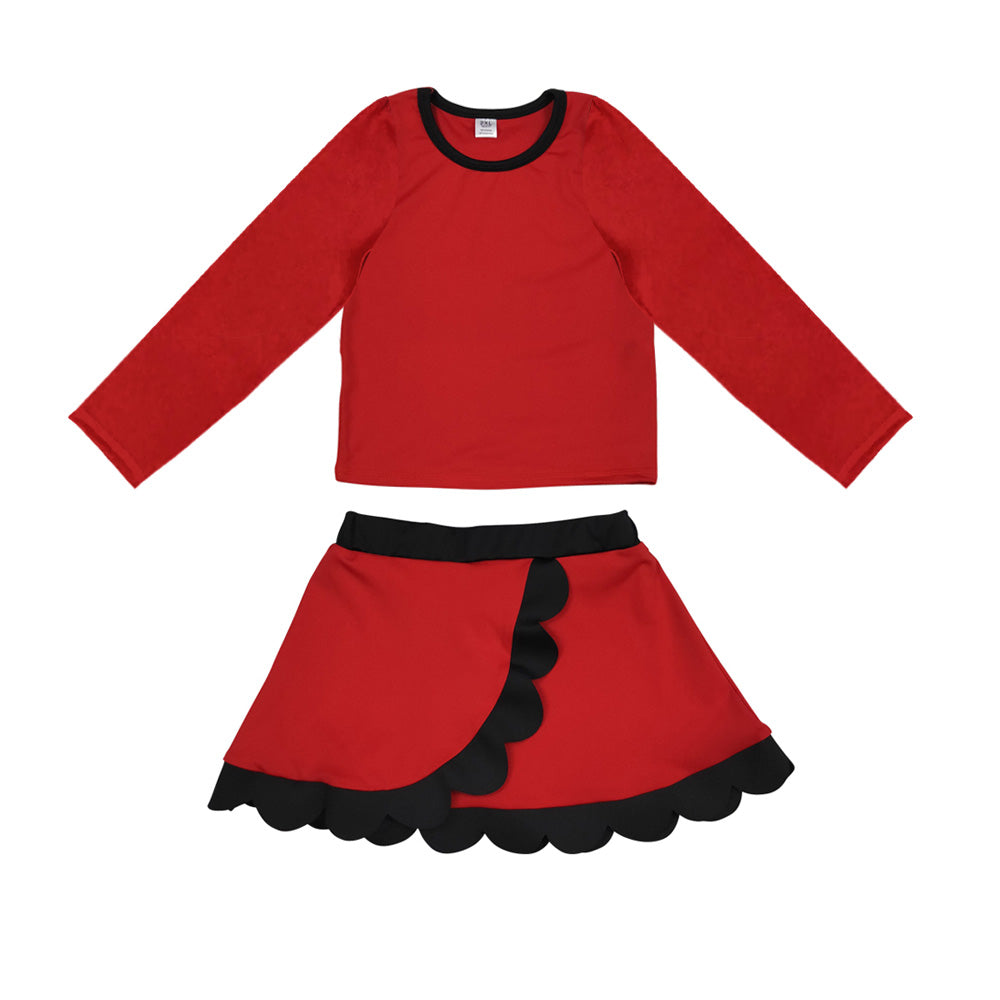 Red color long sleeve yoga pullover top matching scallop skorts girls outfit preorder