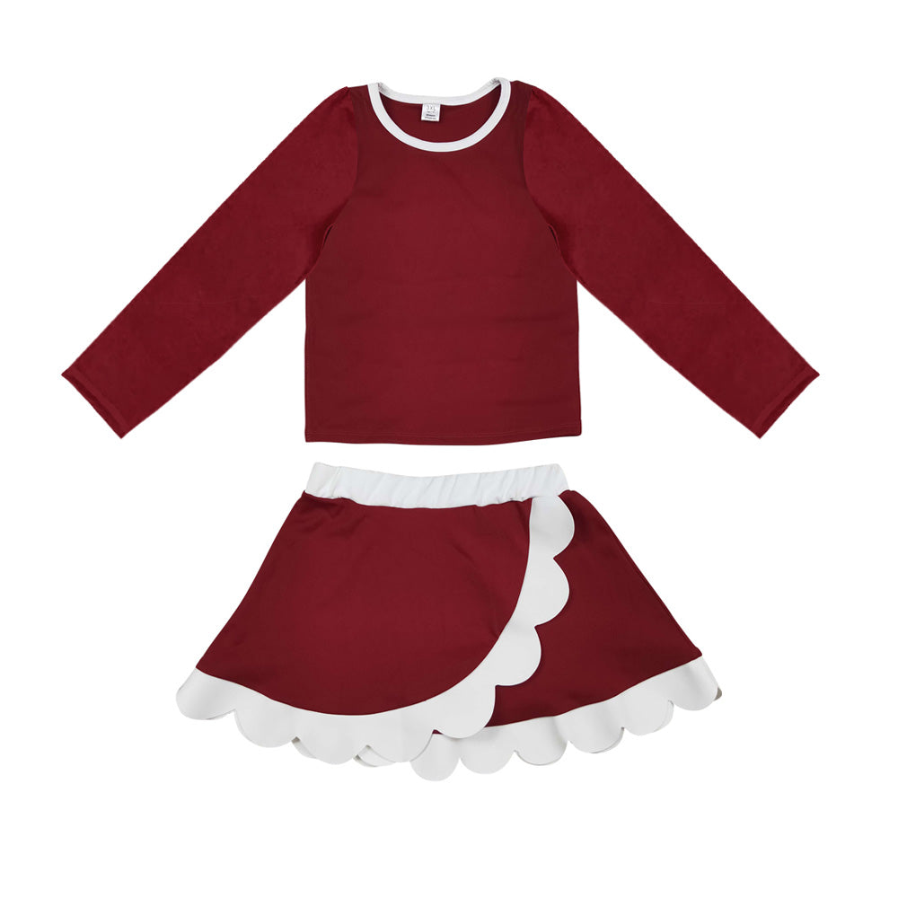 Dark Red color long sleeve yoga pullover top matching scallop skorts girls outfit preorder
