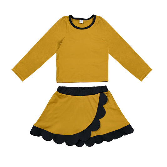 Golden color long sleeve yoga pullover top matching scallop skorts girls outfit preorder