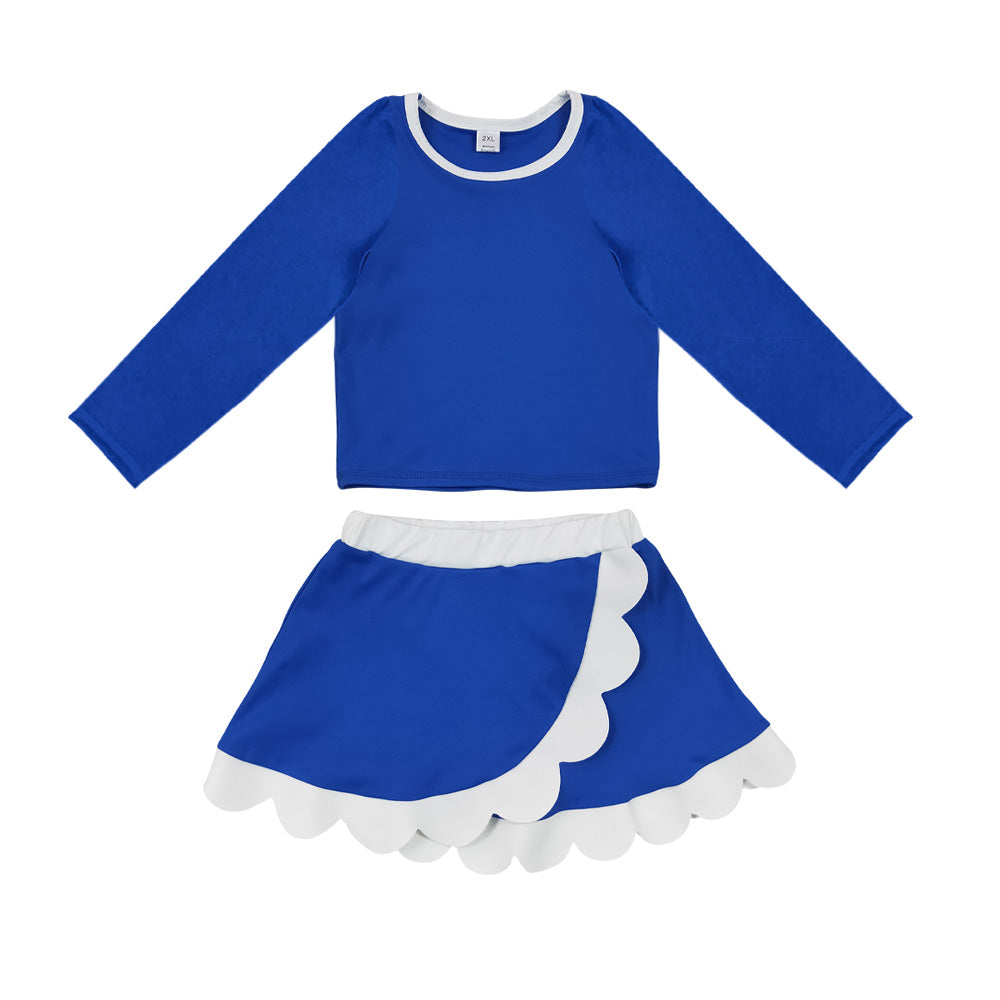 Blue color long sleeve yoga pullover top matching scallop skorts girls outfit preorder