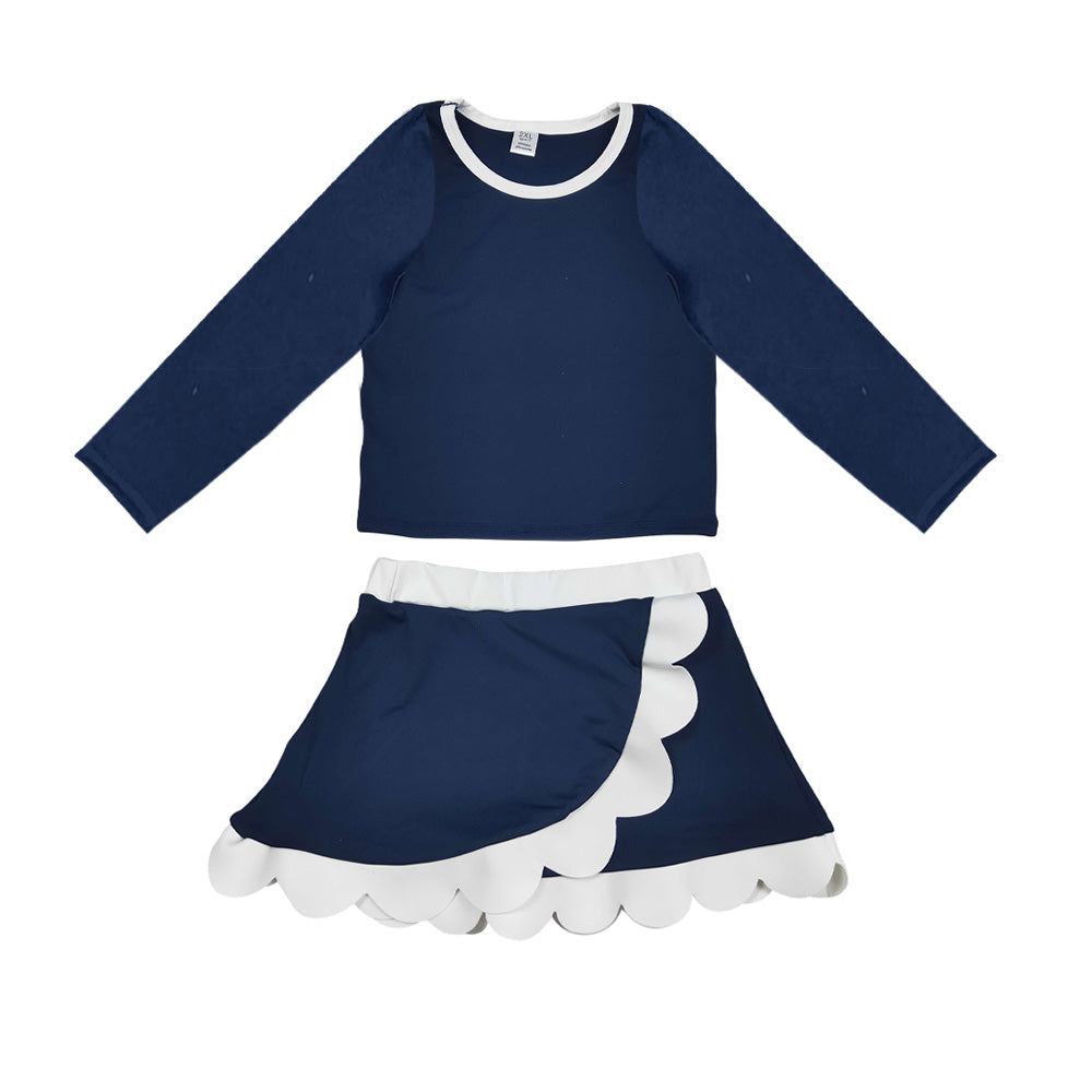 Navy color long sleeve yoga pullover top matching scallop skorts girls outfit preorder