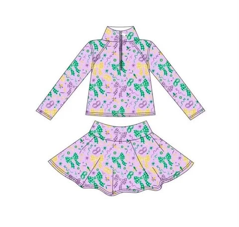 Mardi Gras bow long sleeve yoga pullover top matching skorts girls outfit preorder