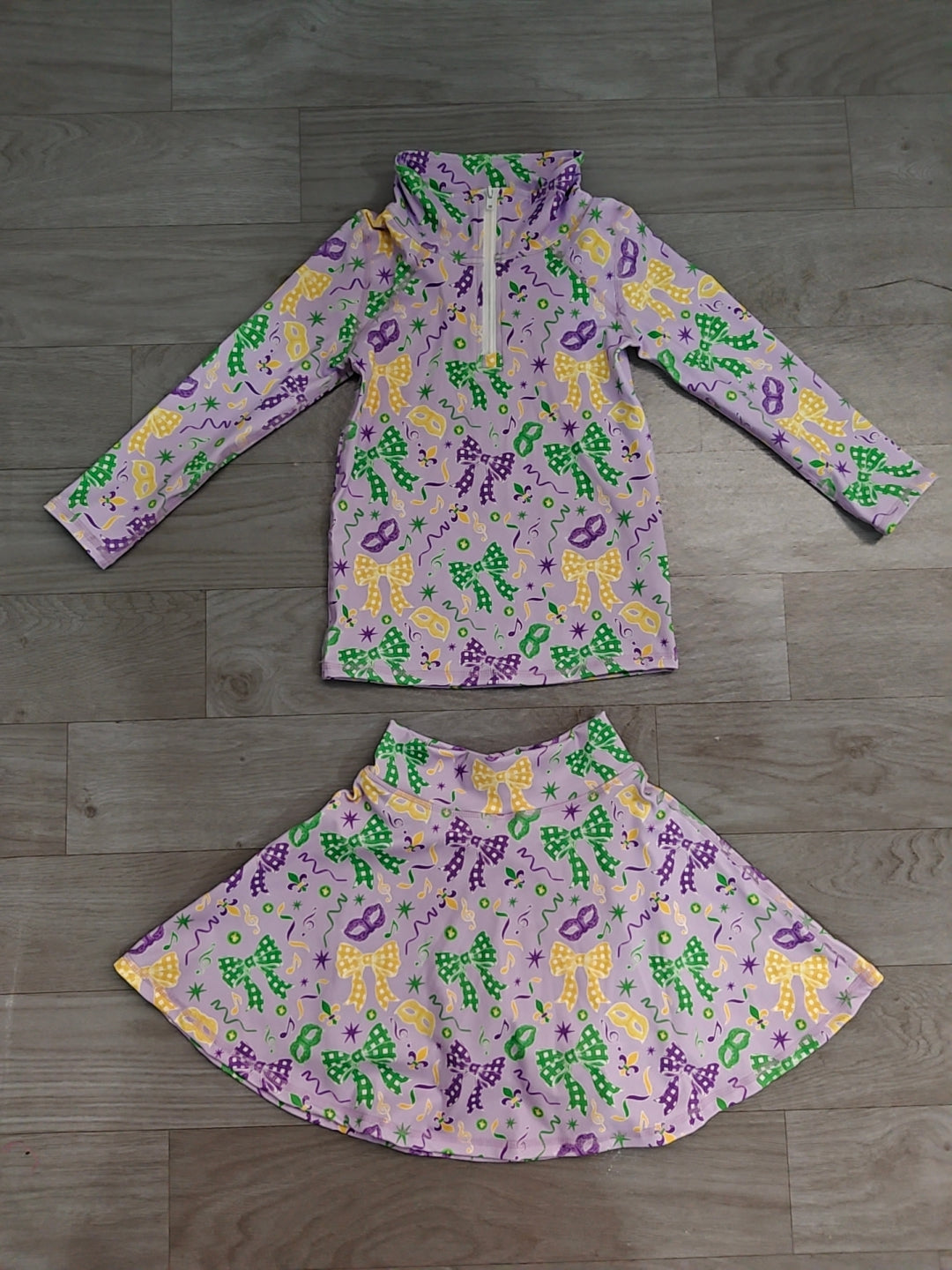 Mardi Gras bow long sleeve yoga pullover top matching skorts girls outfit preorder