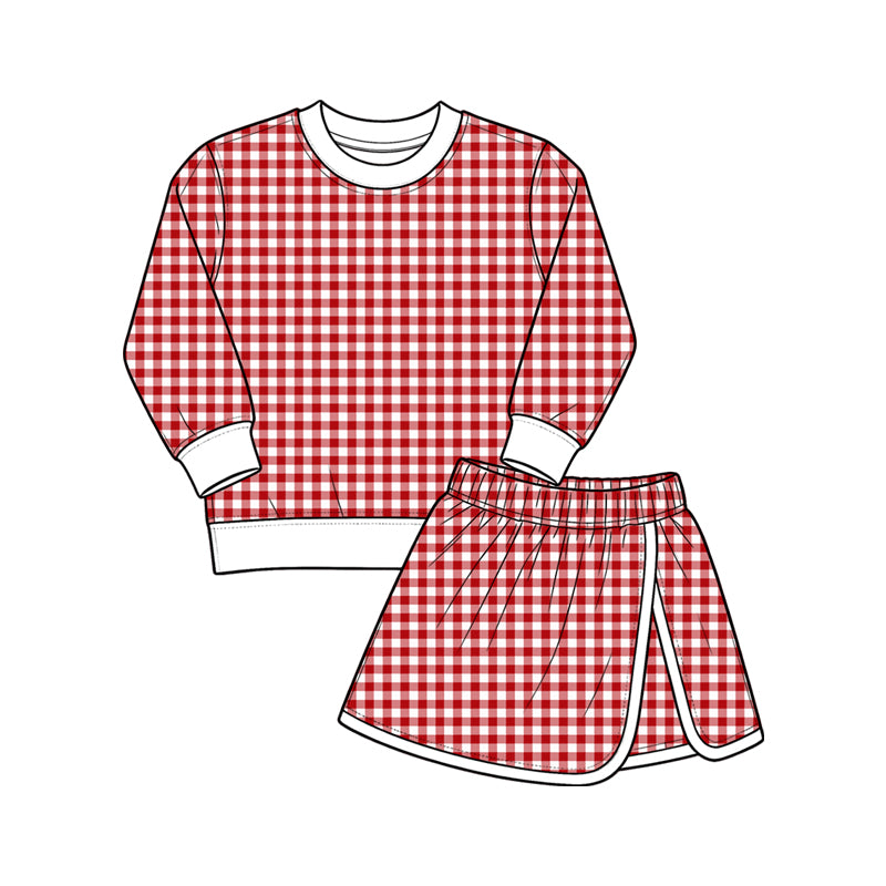 Red plaid long sleeve yoga top matching shorts girls outfit preorder