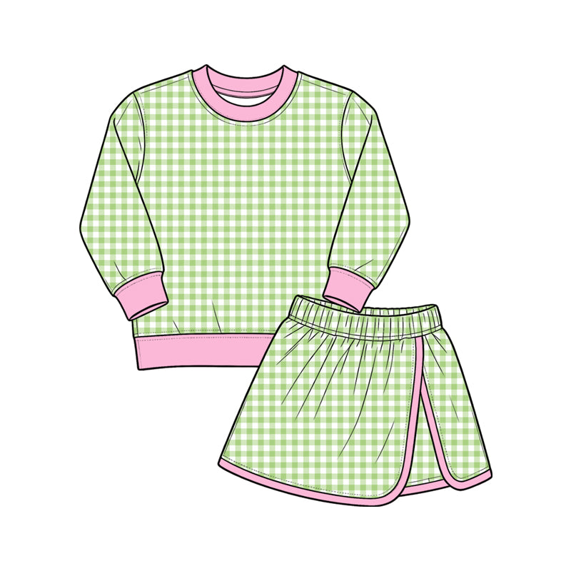 Green plaid long sleeve yoga top matching skorts girls outfit preorder